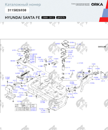 Пластиковый топливный бак Hyundai Santa Fe Дизель, 2000-2012 г.в. (PP)